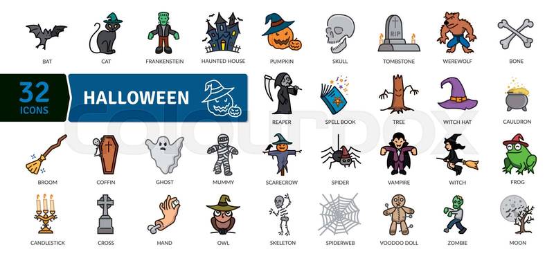 Halloween Colored Icon Set: Spooky Symbols and Characters
