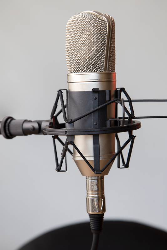 professional microphone with a stand and cable, musical instrument in studio