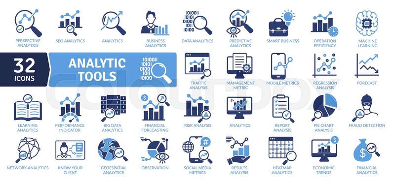 Analytic Tools Icon Collection. Data analytics and business intelligence line icons featuring various measurement concepts