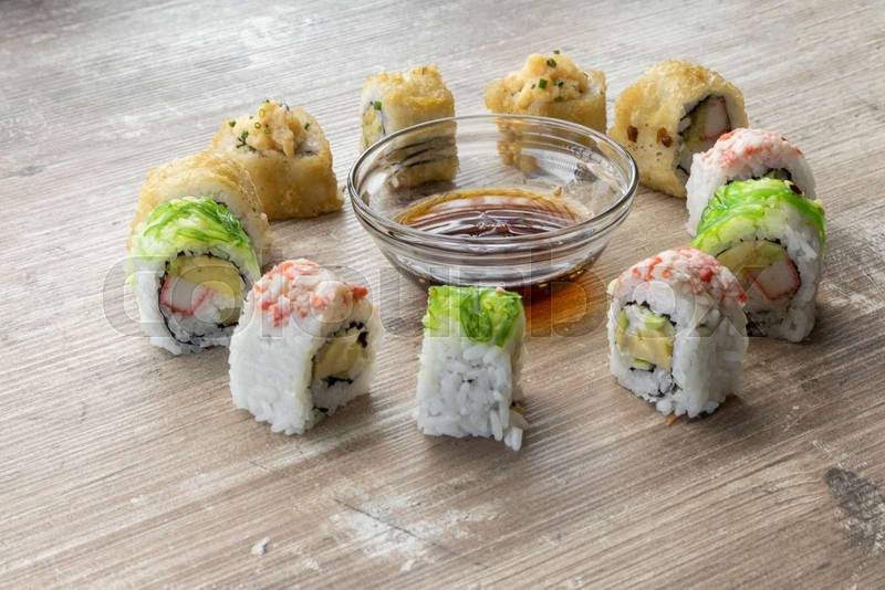 decorative plate, table of sushi ready to eat, menu design