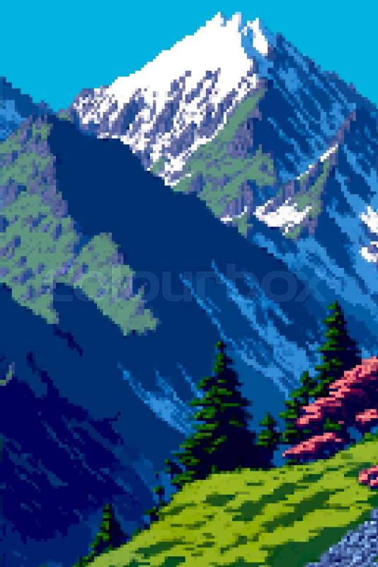 Landscape 8bit pixel art. Summer natural landscape mountain