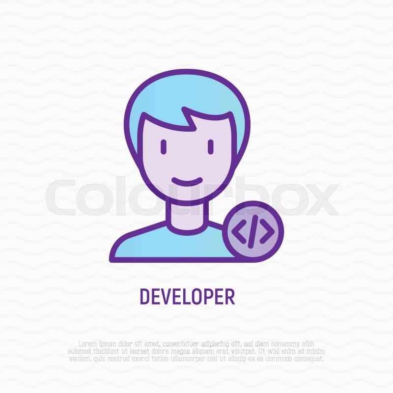 Developer thin line icon: avatar of man with program code. M | Colourbox