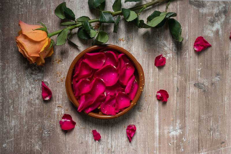 rose with long stem and leaves next to a ceramic bowl full of rose petals