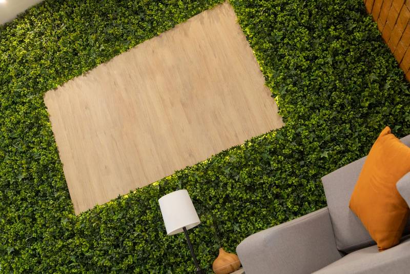 space with a wall decorated with a creeper on the wall with an empty wooden square