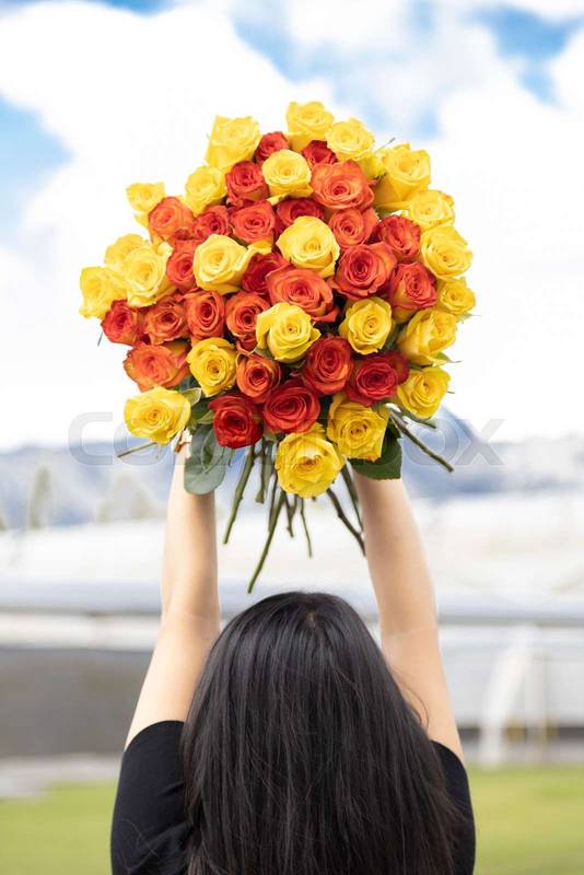 big bouquet of colorful roses, romantic valentine gift