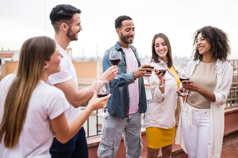 Diverse group of friends laughing having drinks and toasting in a rooftop party.Multiracial young happy group of millennials drinking wine in a terrace.