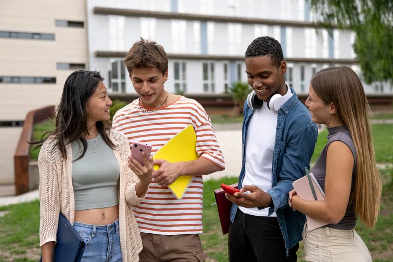 Diverse group of friends checking their phones and holding folders.Happy multiracial friends using smartphones and carrying files in a campus.